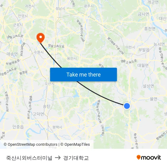 죽산시외버스터미널 to 경기대학교 map