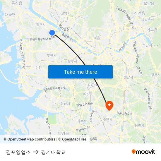김포영업소 to 경기대학교 map