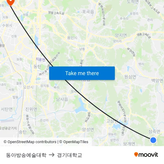 동아방송예술대학 to 경기대학교 map