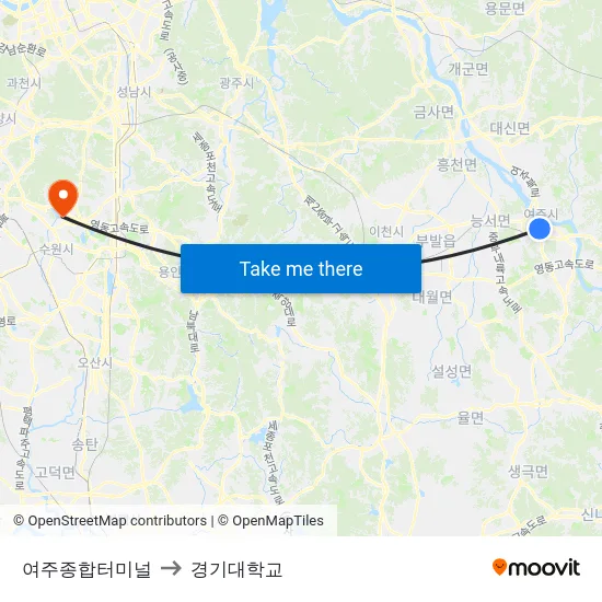 여주종합터미널 to 경기대학교 map