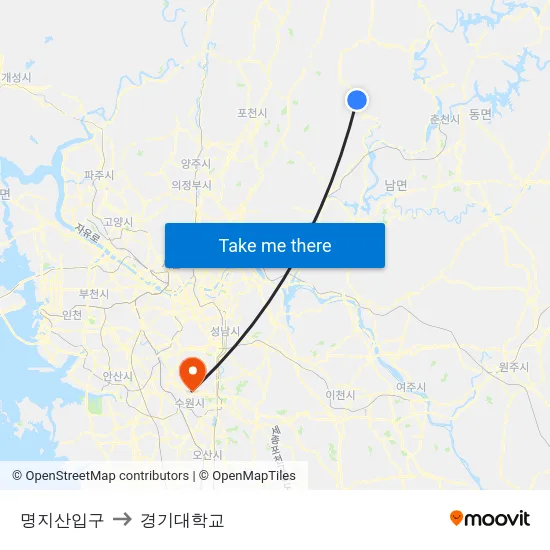 명지산입구 to 경기대학교 map