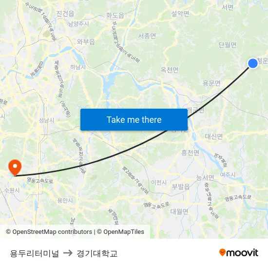 용두리터미널 to 경기대학교 map