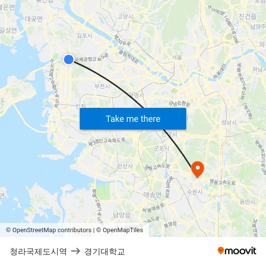 청라국제도시역 to 경기대학교 map