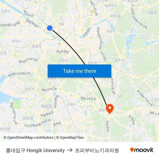 홍대입구 Hongik University to 조피부비뇨기과의원 map