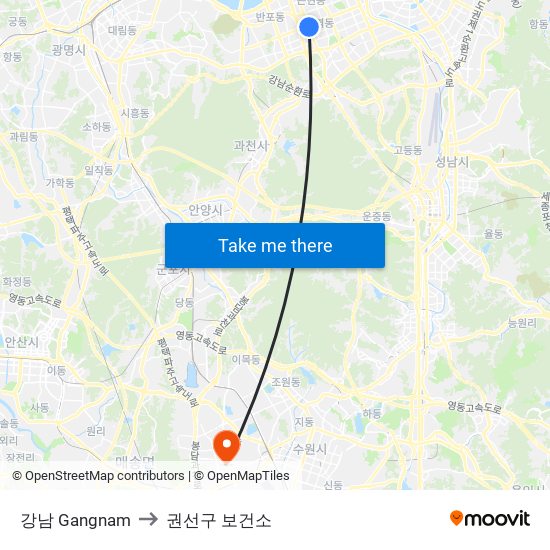 강남 Gangnam to 권선구 보건소 map