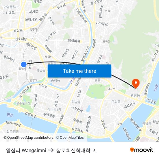 왕십리 Wangsimni to 장로회신학대학교 map