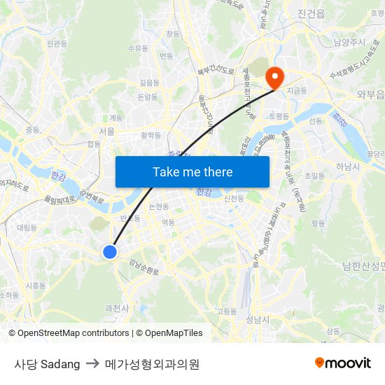 사당 Sadang to 메가성형외과의원 map