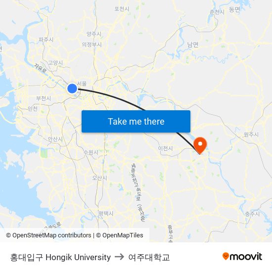 홍대입구 Hongik University to 여주대학교 map