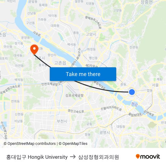 홍대입구 Hongik University to 삼성정형외과의원 map