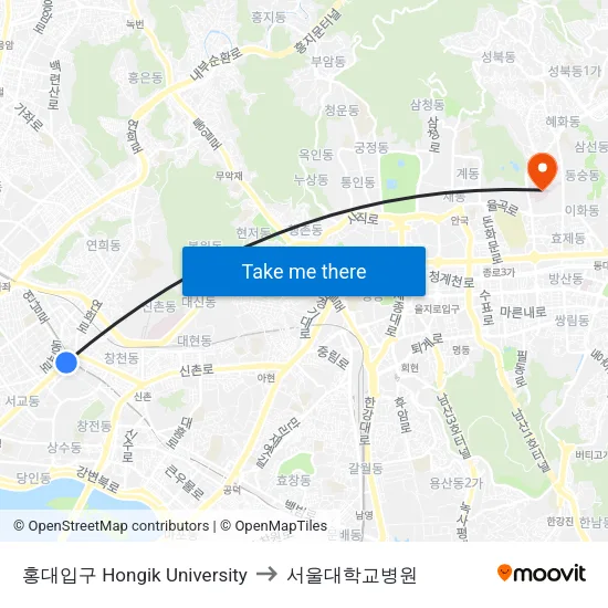 홍대입구 Hongik University to 서울대학교병원 map