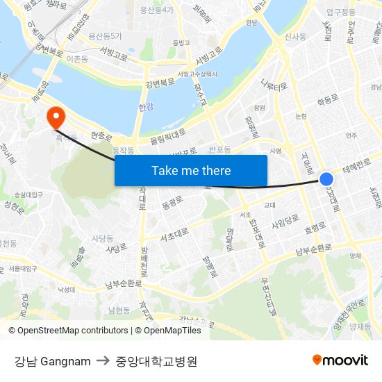 강남 Gangnam to 중앙대학교병원 map