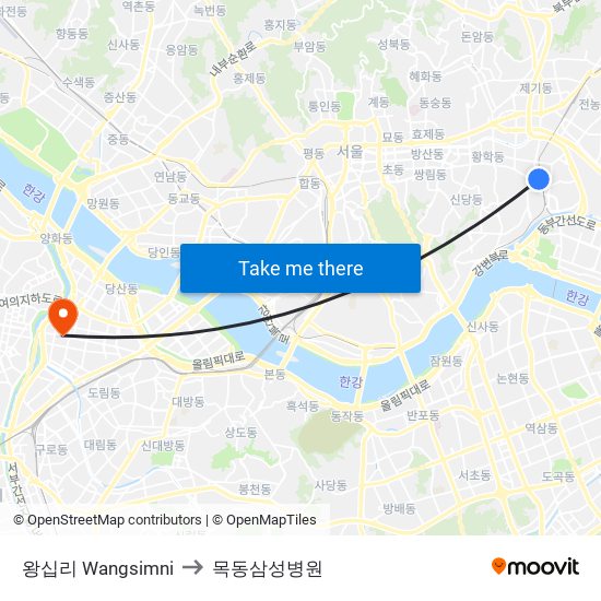 왕십리 Wangsimni to 목동삼성병원 map