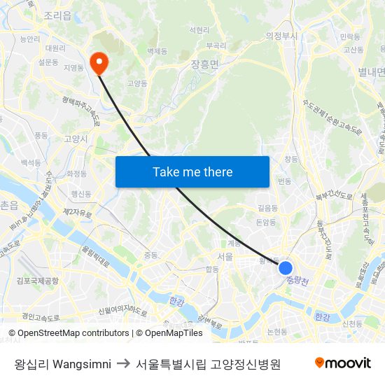 왕십리 Wangsimni to 서울특별시립 고양정신병원 map