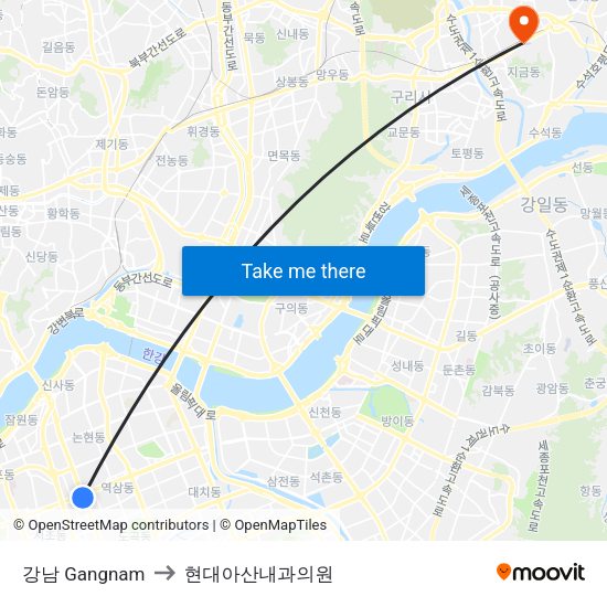 강남 Gangnam to 현대아산내과의원 map