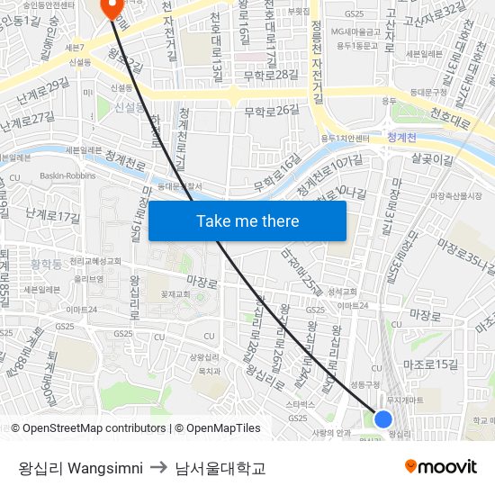 왕십리 Wangsimni to 남서울대학교 map