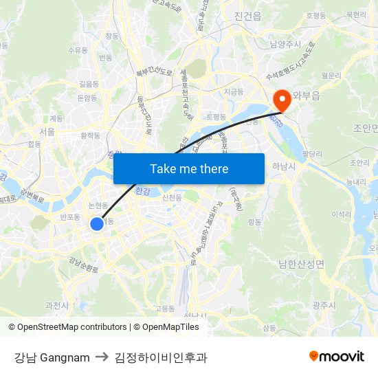 강남 Gangnam to 김정하이비인후과 map