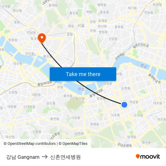 강남 Gangnam to 신촌연세병원 map