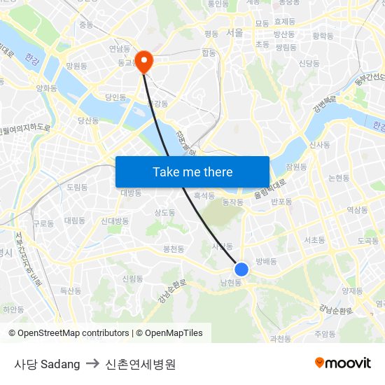 사당 Sadang to 신촌연세병원 map