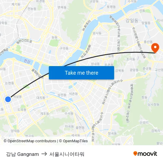 강남 Gangnam to 서울시니어타워 map