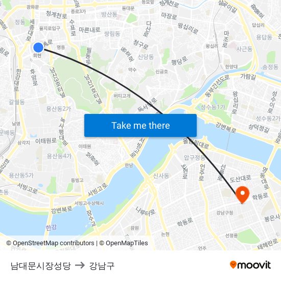 남대문시장성당 to 강남구 map