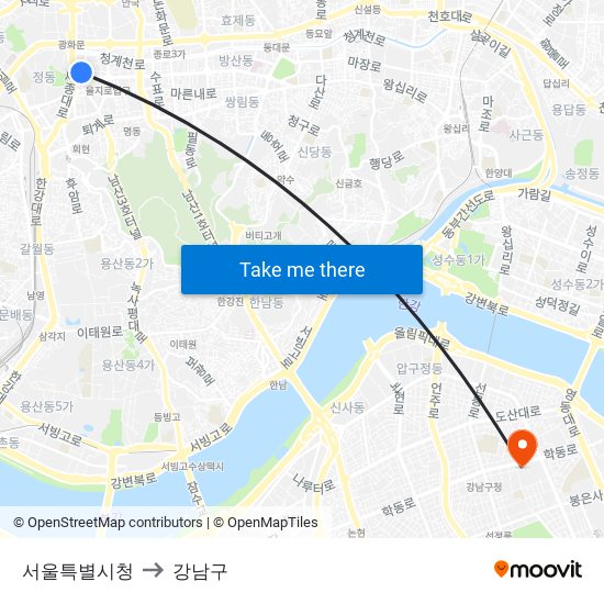 서울특별시청 to 강남구 map