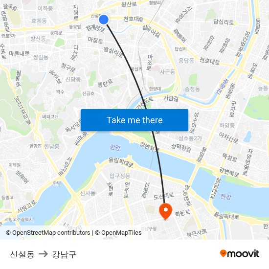 신설동 to 강남구 map