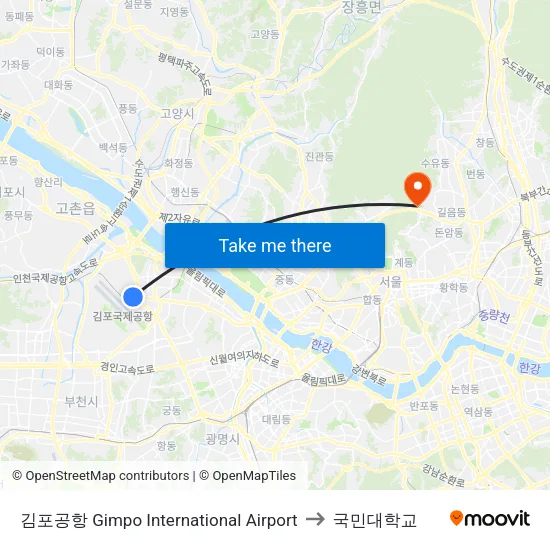 김포공항 Gimpo International Airport to 국민대학교 map