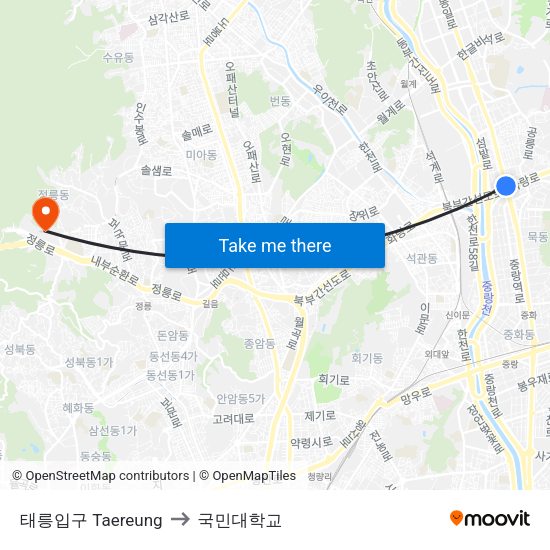 태릉입구 Taereung to 국민대학교 map