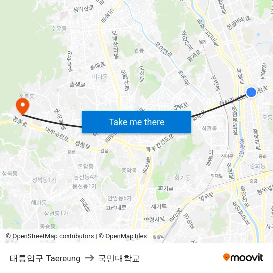 태릉입구 Taereung to 국민대학교 map