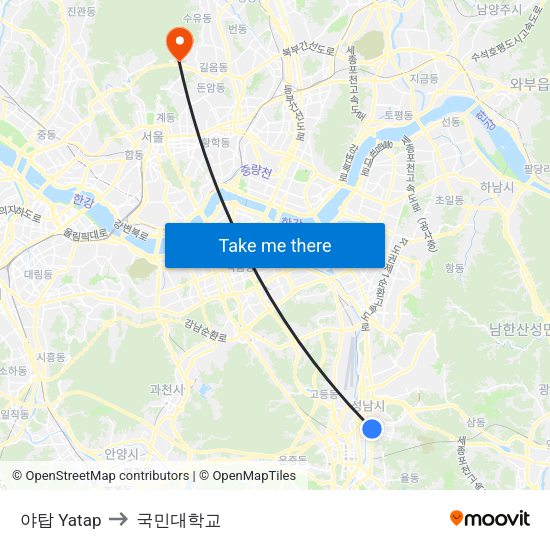 야탑 Yatap to 국민대학교 map