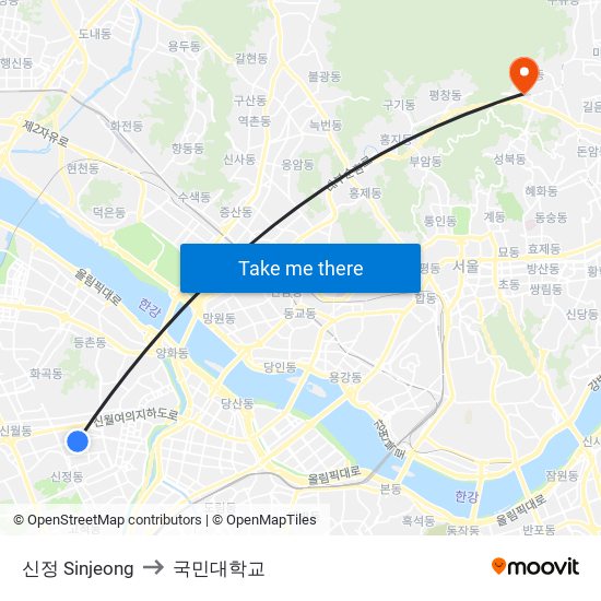 신정 Sinjeong to 국민대학교 map