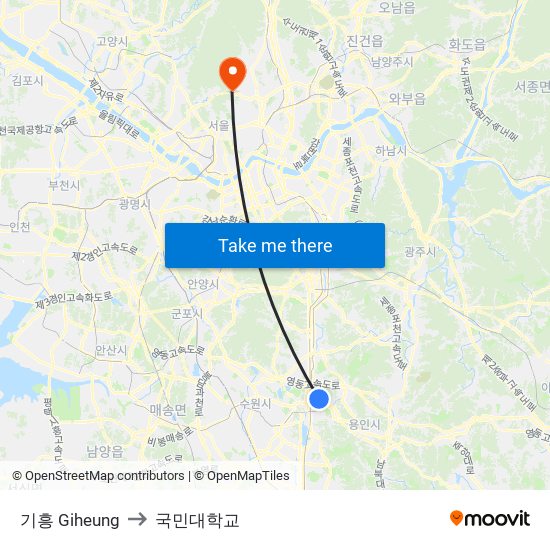 기흥 Giheung to 국민대학교 map