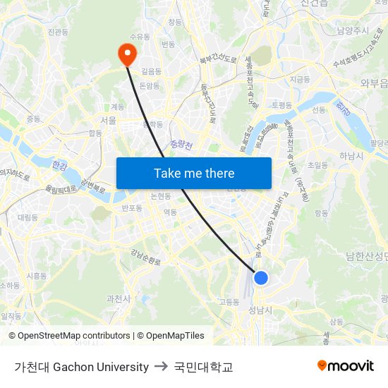 가천대 Gachon University to 국민대학교 map