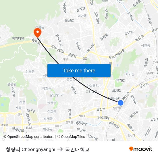 청량리 Cheongnyangni to 국민대학교 map