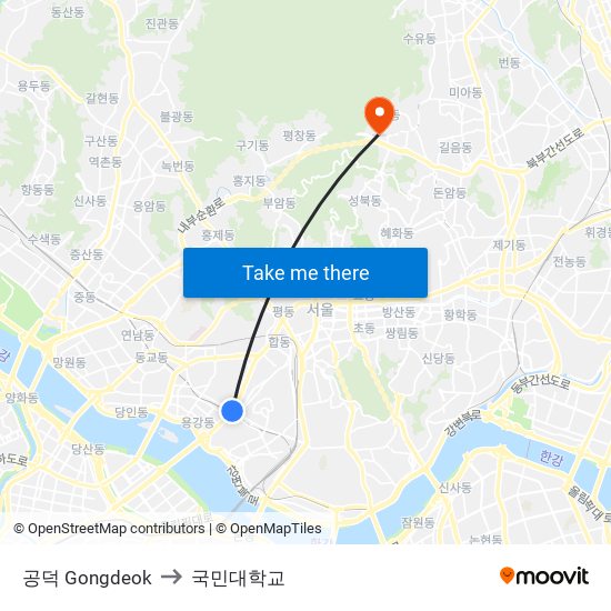 공덕 Gongdeok to 국민대학교 map