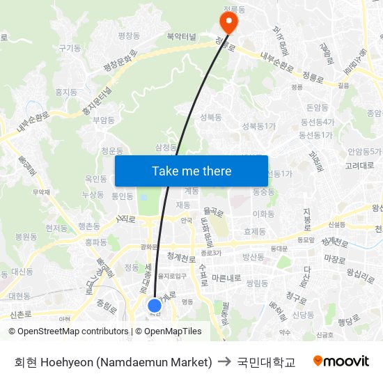 회현 Hoehyeon (Namdaemun Market) to 국민대학교 map