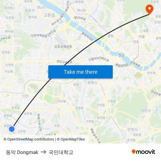 동막 Dongmak to 국민대학교 map