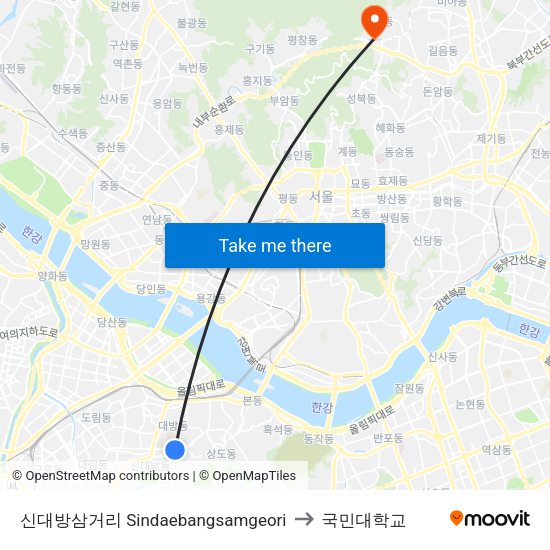신대방삼거리 Sindaebangsamgeori to 국민대학교 map