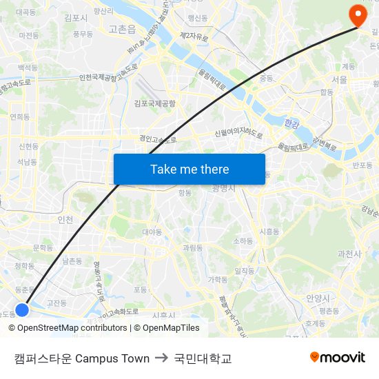 캠퍼스타운 Campus Town to 국민대학교 map