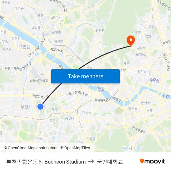 부천종합운동장 Bucheon Stadium to 국민대학교 map