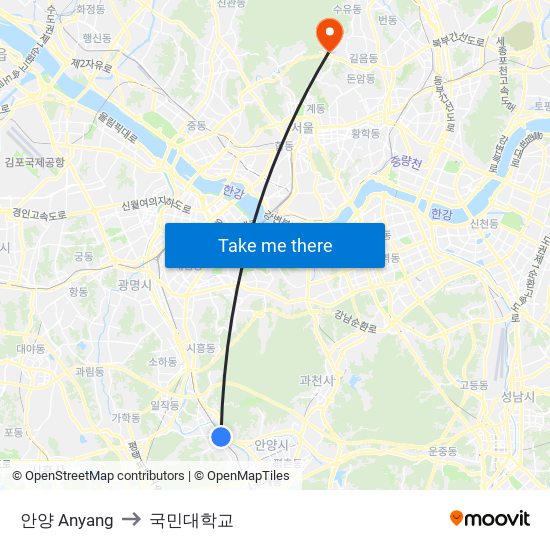 안양 Anyang to 국민대학교 map