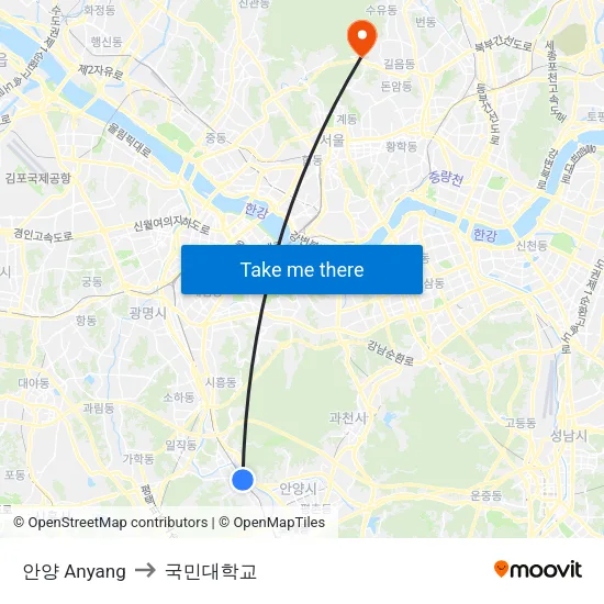 안양 Anyang to 국민대학교 map