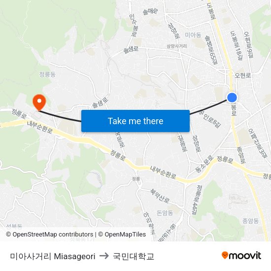 미아사거리 Miasageori to 국민대학교 map