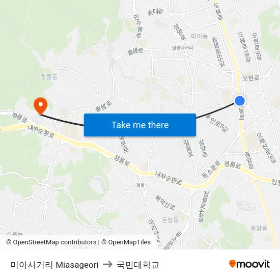 미아사거리 Miasageori to 국민대학교 map