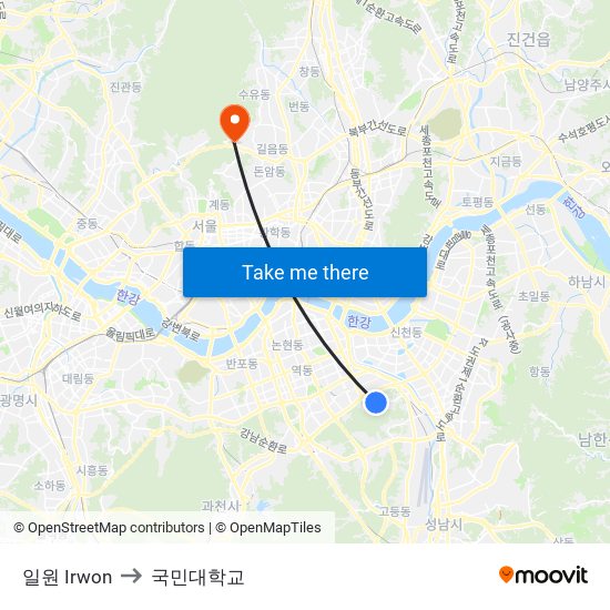 일원 Irwon to 국민대학교 map