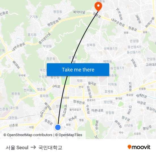 서울 Seoul to 국민대학교 map