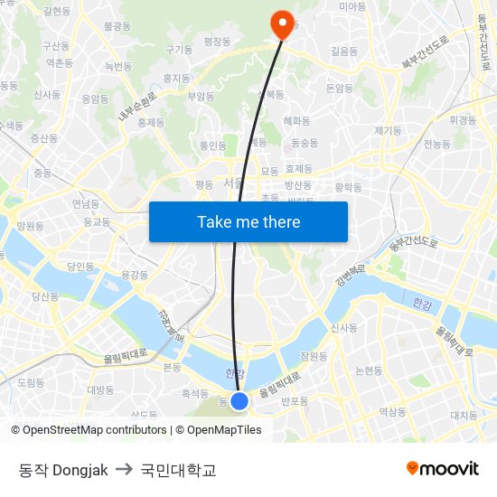 동작 Dongjak to 국민대학교 map