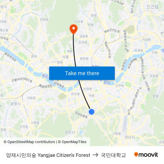 양재시민의숲 Yangjae Citizen's Forest to 국민대학교 map