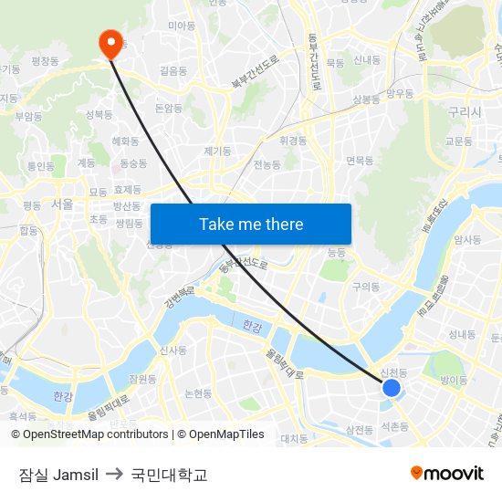 잠실 Jamsil to 국민대학교 map