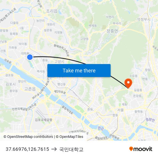 37.66976,126.7615 to 국민대학교 map